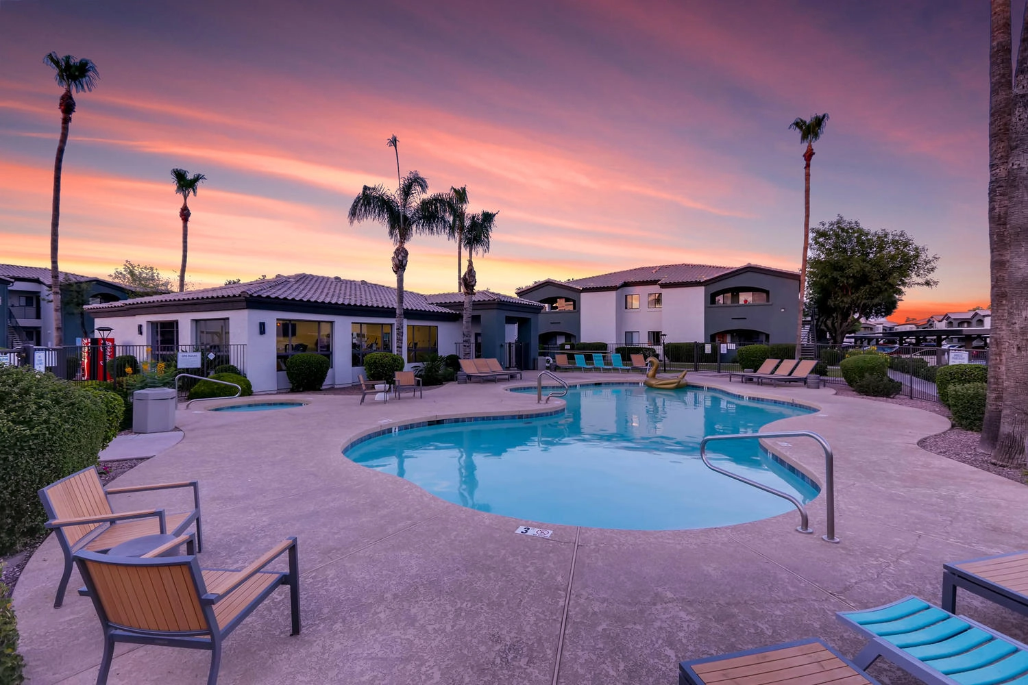 Pool with deck seating and palm trees