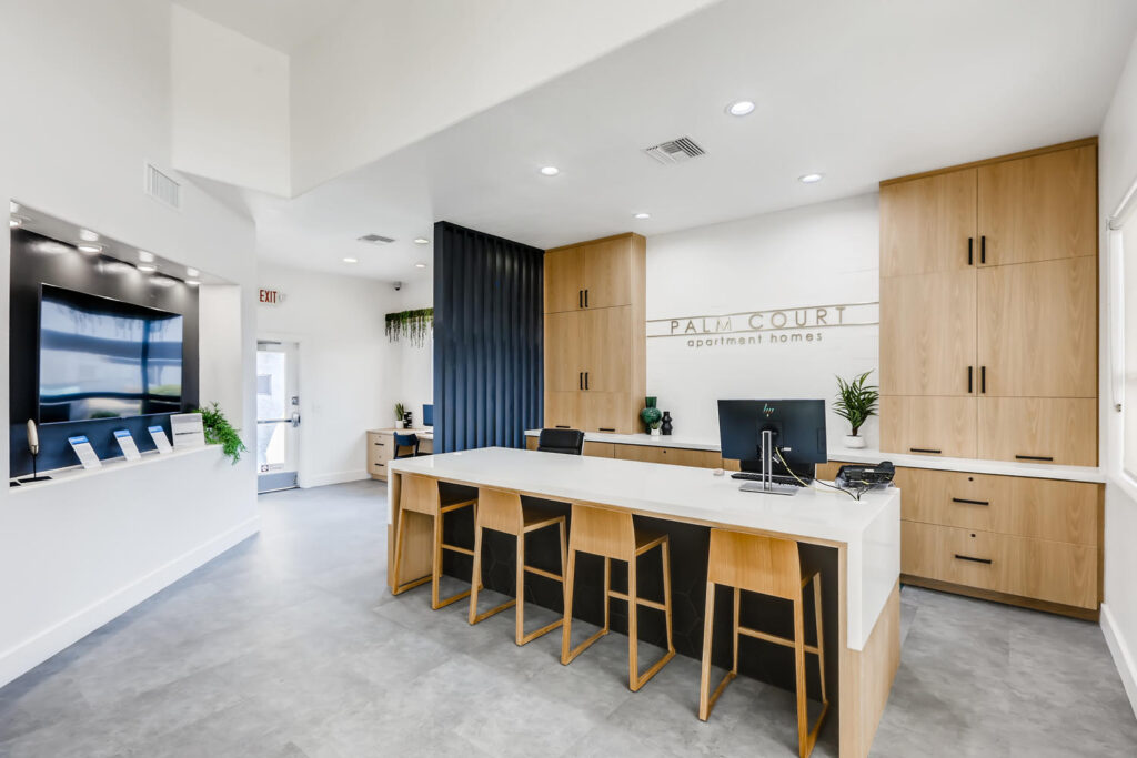 Leasing office reception desk and private computer stations