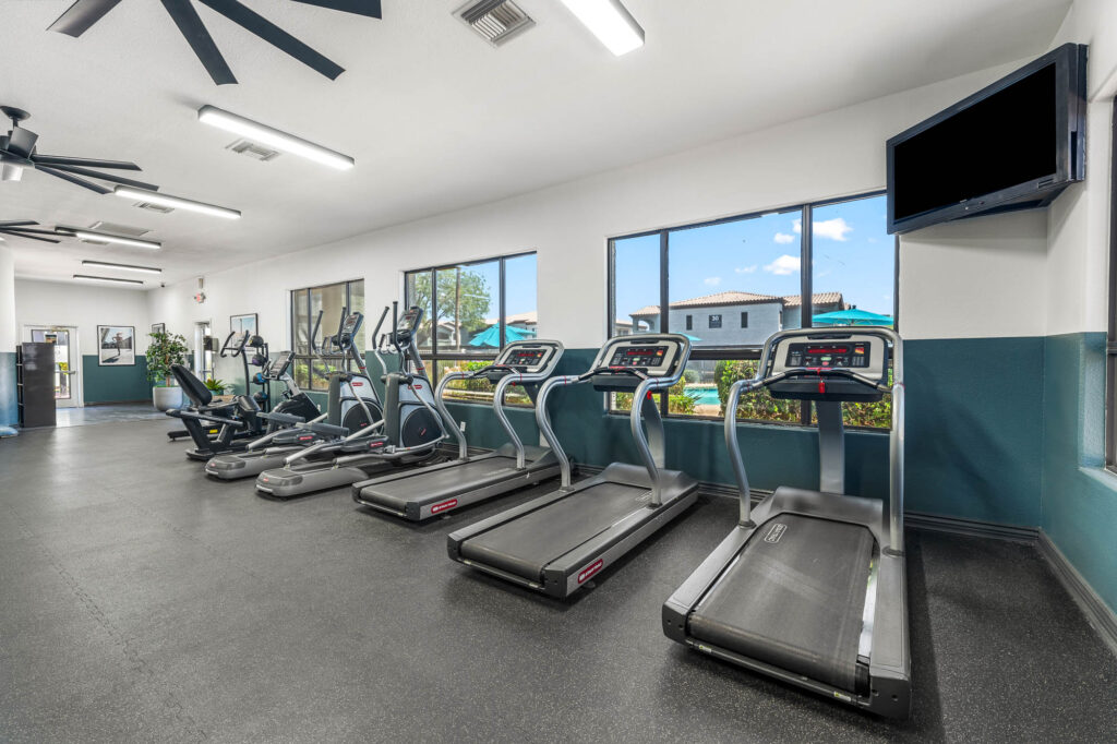 Gym space with cardio equipment lined along a window-filled wall, with a wall mounted television.