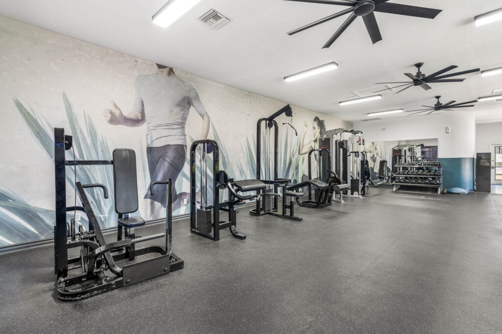Gym space with strength training equipment, including weights.
